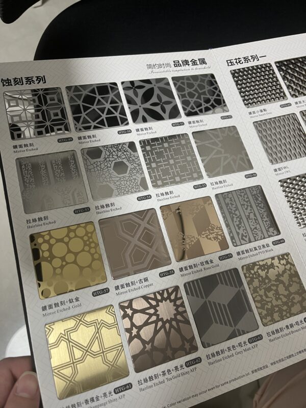 Etched stainless steel sheet decorative pattern close-up showing intricate design and texture