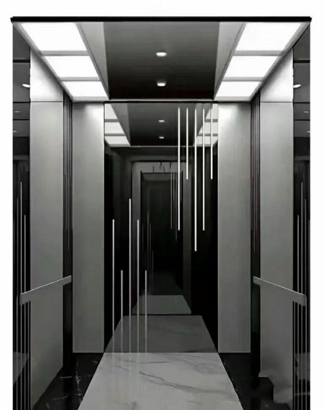 Etched stainless steel sheet applications in hotel lobby elevator interior and commercial building